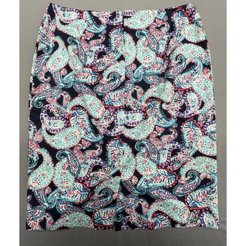 Talbots Pencil Skirt 10P‎ Blue Paisley Cotton Stretch Preppy Coastal Artsy